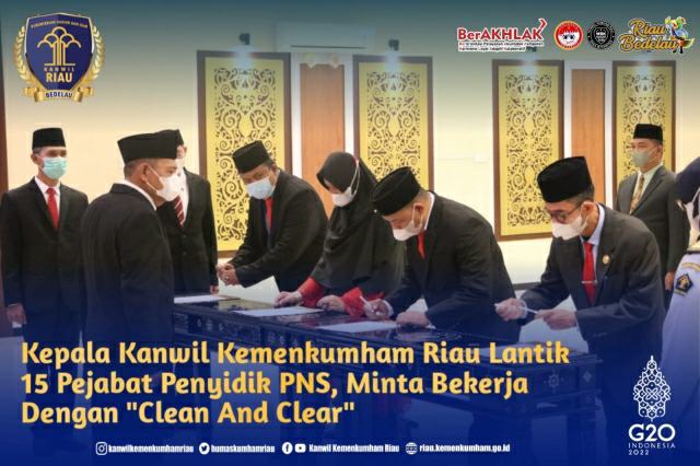 Kakanwil Kemenkumham Riau Lantik 15 Pejabat Penyidik PNS, Minta Bekerja dengan 